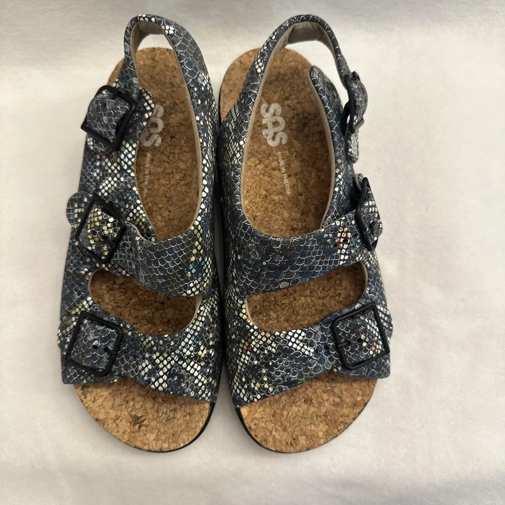 SAS Women's Blue Snake Skin Pattern Cork Insole Tripad  Sandals Size 6.5 M Comfy